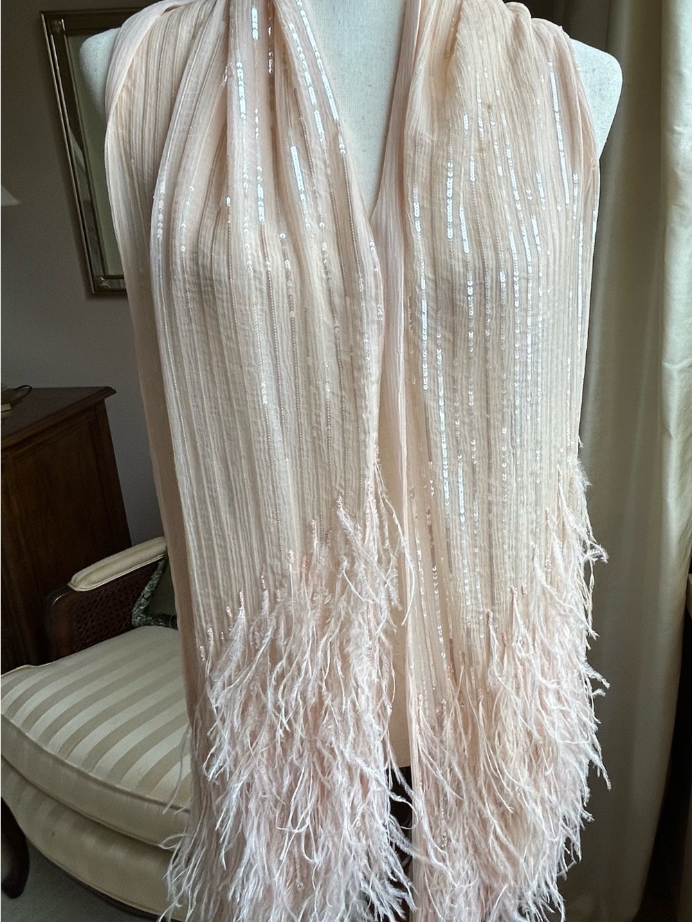 OOAK Ralph Lauren Collection Blush Sequined Scarf w/Feathered and Beaded Crystal